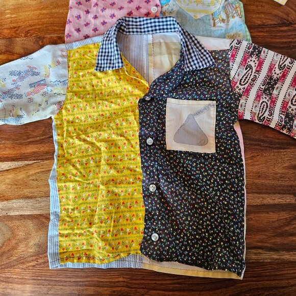 Vintage 70s Toddler Boys Pair Set 2 Handmade Patchwork Short Sleeve Shirt 4T/5T - Picture 2 of 5